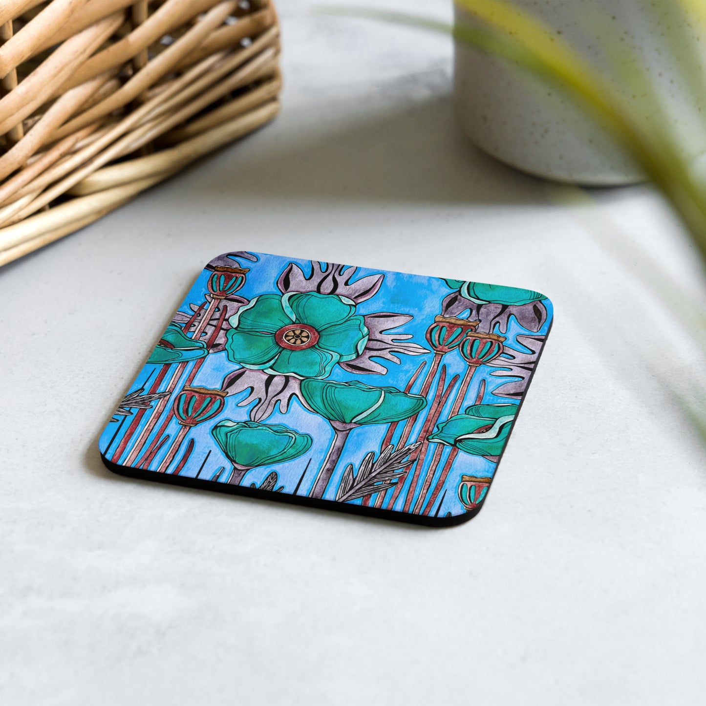 Teal Poppies Cork-back Coaster